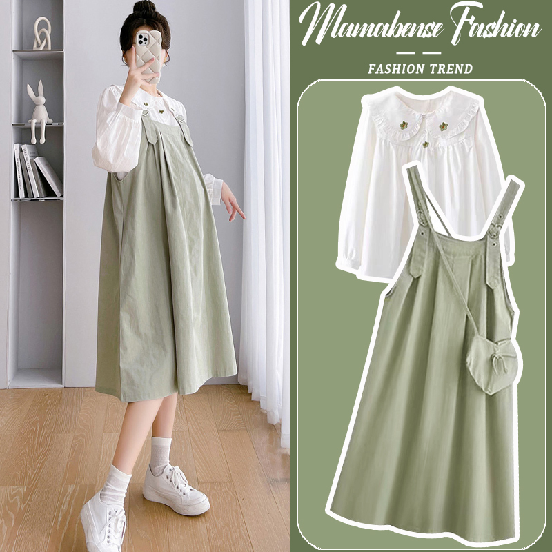 Maternity Dress Set, Fashionable and Stylish, Green Suspender Skirt Two-Piece Set, 2026 New Spring, Autumn, and Summer Style for Trendy Moms