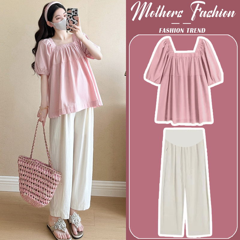 Maternity Suit Summer 2026 New Fashion Pink Square Collar Sweet Youthful Short-Sleeve Top and Pants Two-Piece Set for Women