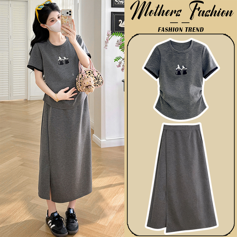 Maternity Dress Set 2026 New Korean Style Loose Gray Thin Short-Sleeved Top and Skirt Two-Piece Set for Summer