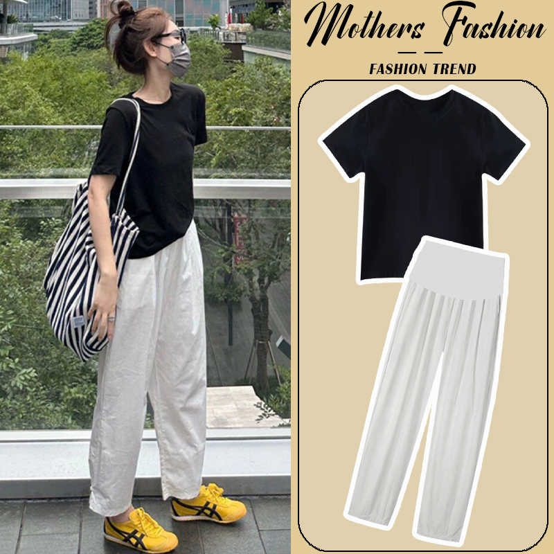 Maternity Suit 2026 New Summer Black Round Neck Short-Sleeved Thin Top Fashionable Loose Pants Two-Piece Set for Women