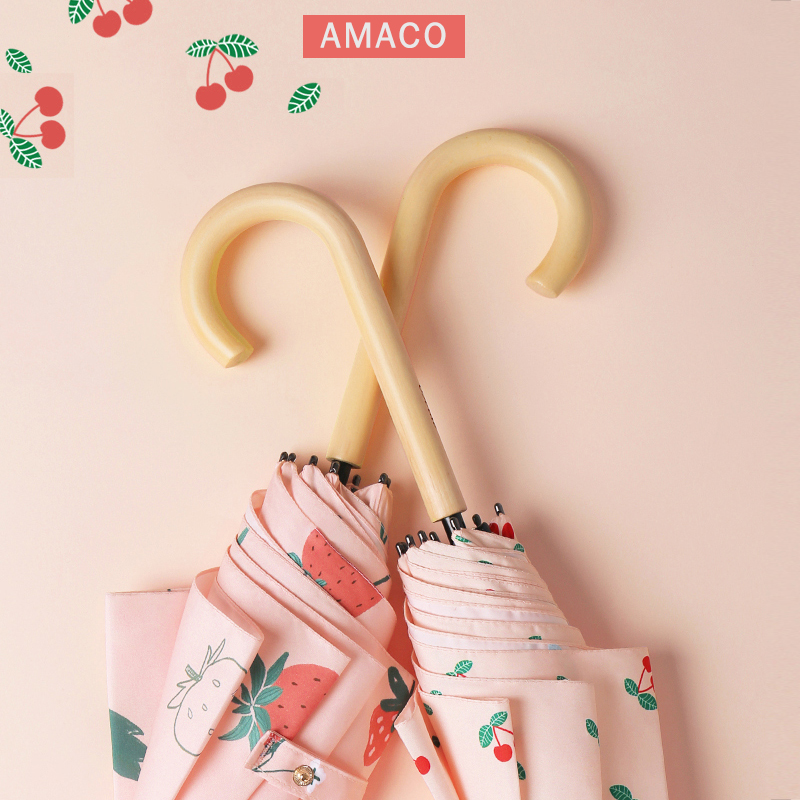 Long handle small fresh girl heart cherry strawberry sunny umbrella semi-automatic umbrella female solid wood handle windproof reinforcement increase