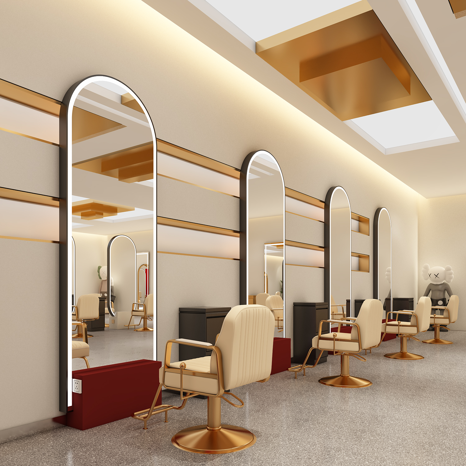 3AM Custom Mesh Red Hair Salon Meme Hair Mirror Table Bifacial Hairdrescade Shop High-end Stainless Steel Floor Mirror With LED Light