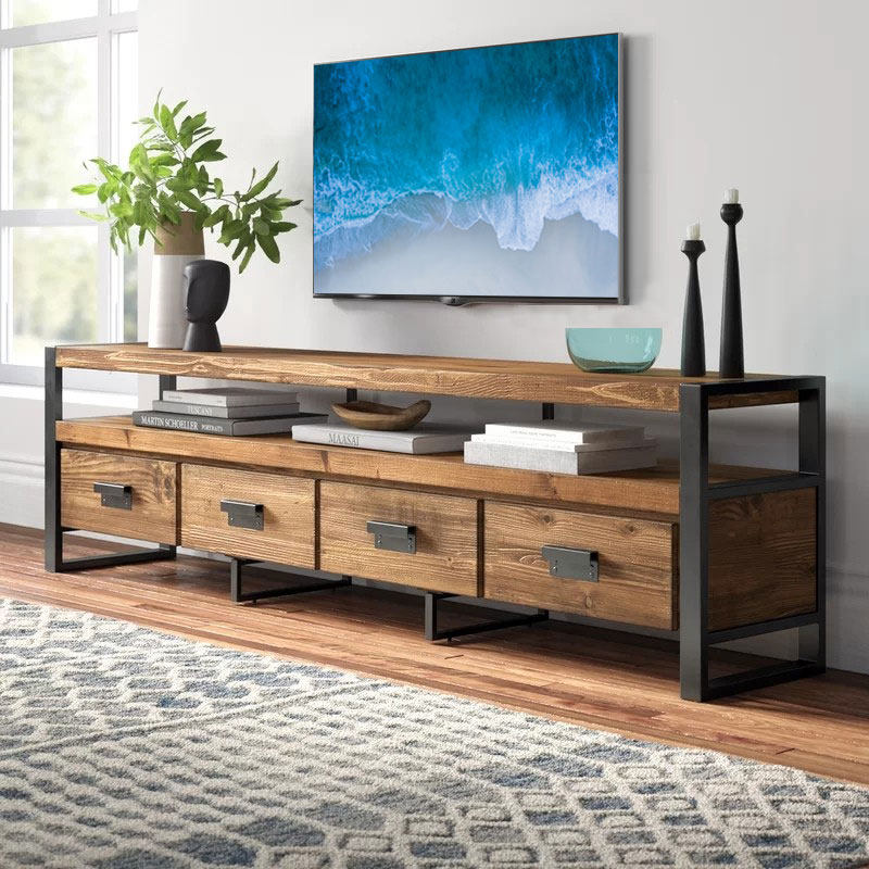 American retro solid wood TV cabinet bedroom living room small apartment wrought iron industrial style low cabinet modern minimalist floor cabinet