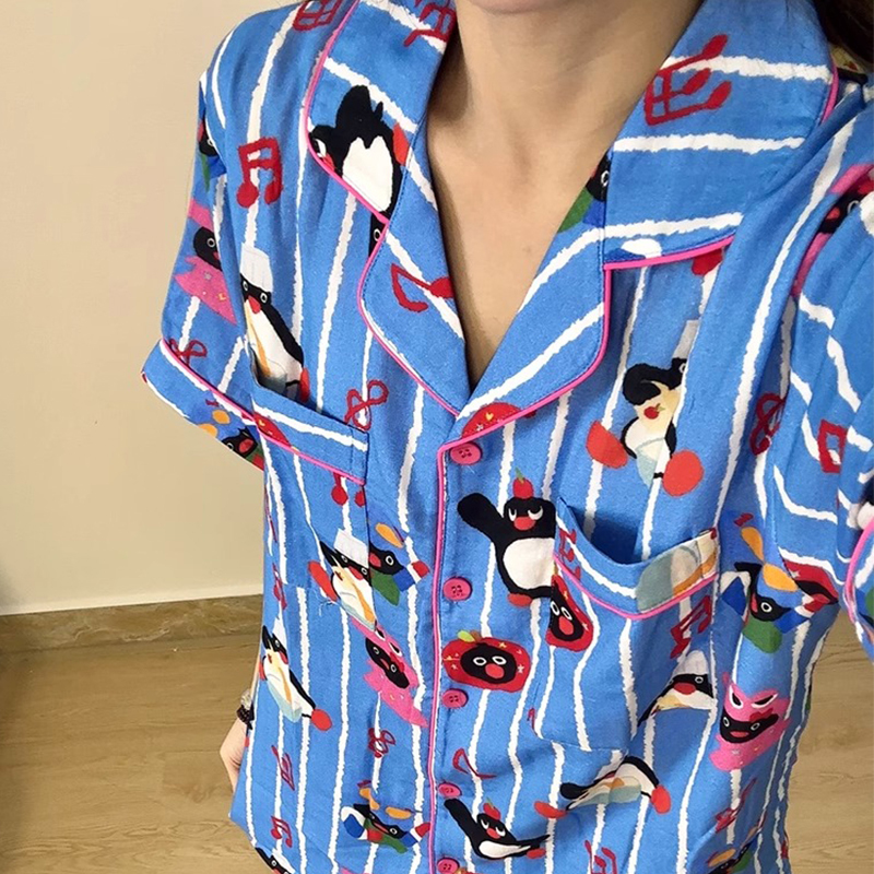 2025 New Blue Music Pingu Short-Sleeved Three-Piece Suit Couple Pajamas Spring and Summer Men's and Women's Home Clothes 2025 New Blue Music Pingu Short-Sleeved Three-Piece Suit Couple Pajamas Spring and Summer Men's and Women's Home Clothes
