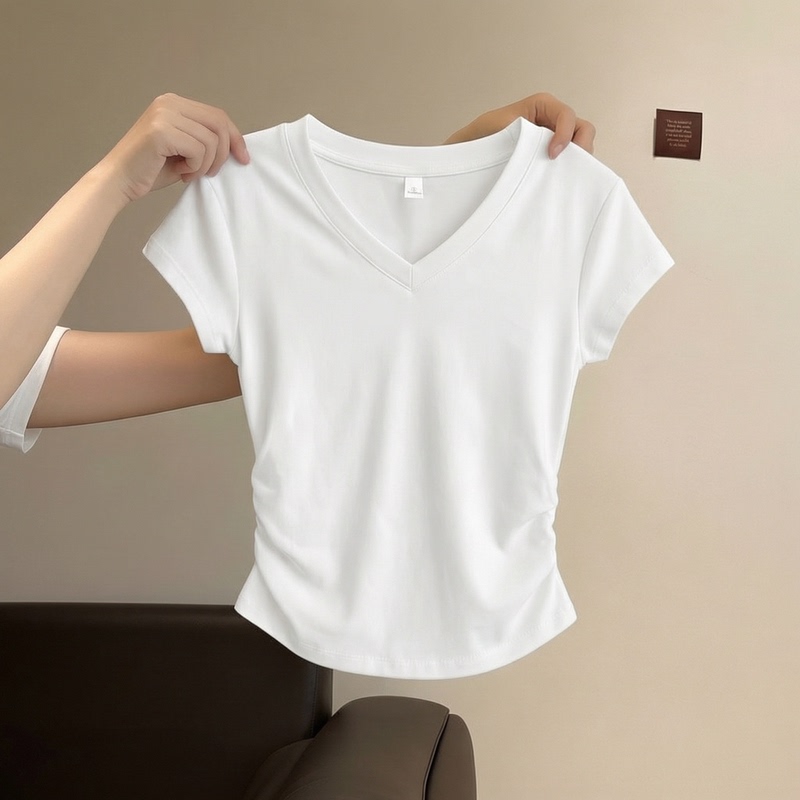 Right-Shoulder V-Neck Short-Sleeve T-Shirt for Women, 2026 Summer New Style, Slim Fit, Niche Design, Versatile Waist-Cinching Top