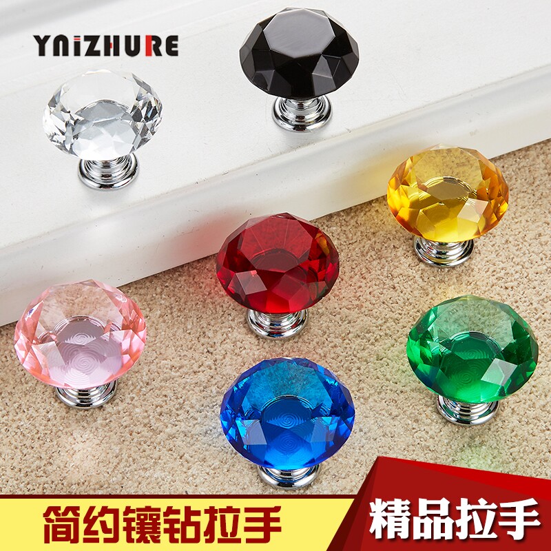 30mm Modern simple transparent diamond K9 Crystal handle single hole closet cabinet kitchen door handle