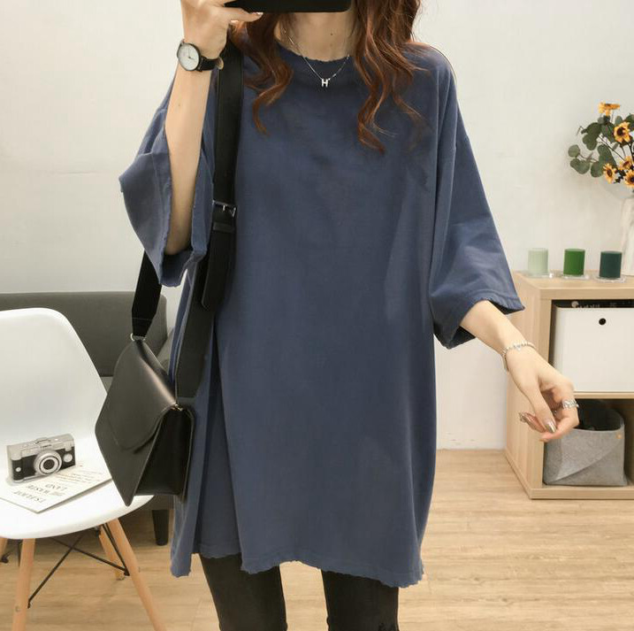 Korean version of the summer new round neck long version of the butt cover large size casual women thin short-sleeved T-shirt thin loose T-shirt