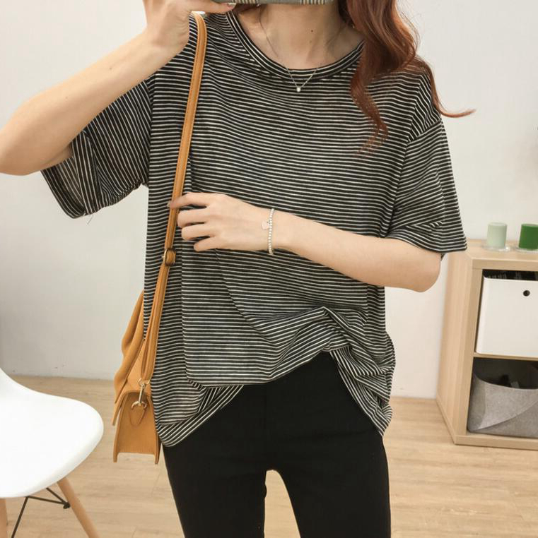 Korean T-shirt loose large size thin pinstripe girls lazy small fresh summer color top women's short sleeves