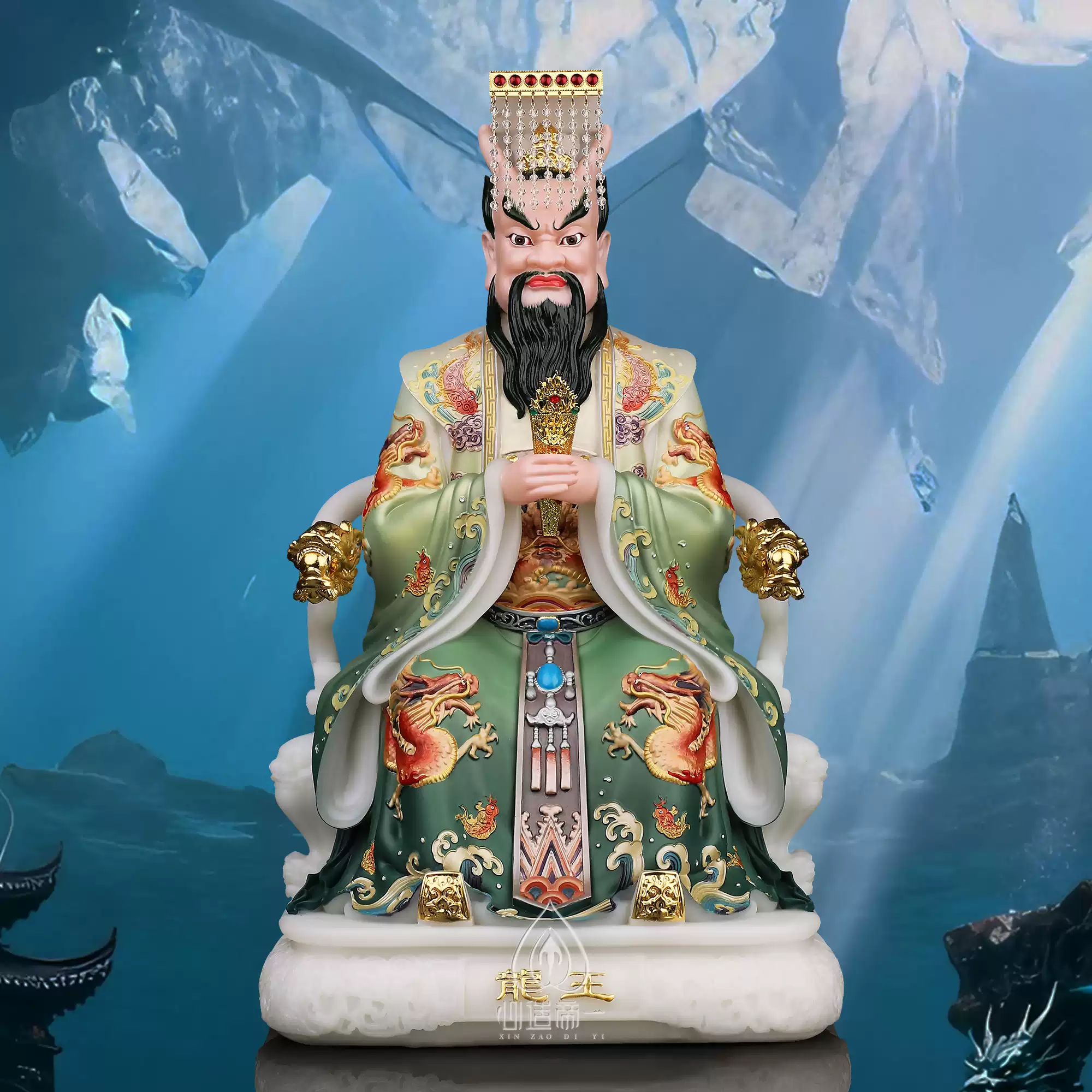 中式汉白玉东海龙王神像16寸手工龙王雕像客厅摆放-Taobao-Tmall