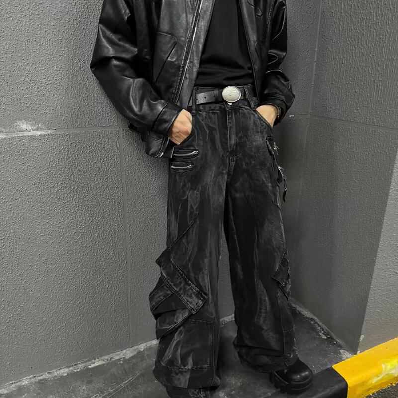 American Retro Distressed Y2K Punk Rock Jeans for Men, Designer Niche Heavyweight Multi-Pocket Workwear
