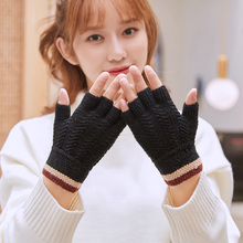 情侣款针织毛线半指保暖手套