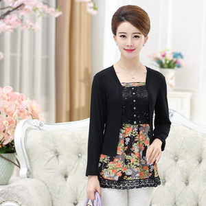老年人女装夏装假两件上衣春夏天奶奶装短袖套