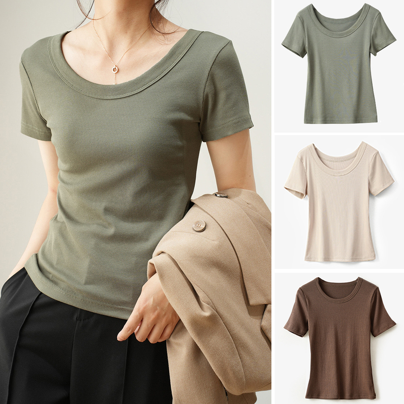 Excellent Women's U-Neck Pure Cotton Ribbed Crew Neck Short-Sleeve T-Shirt, Slim Fit, Solid Color, 2026 Summer Base Shirt Top