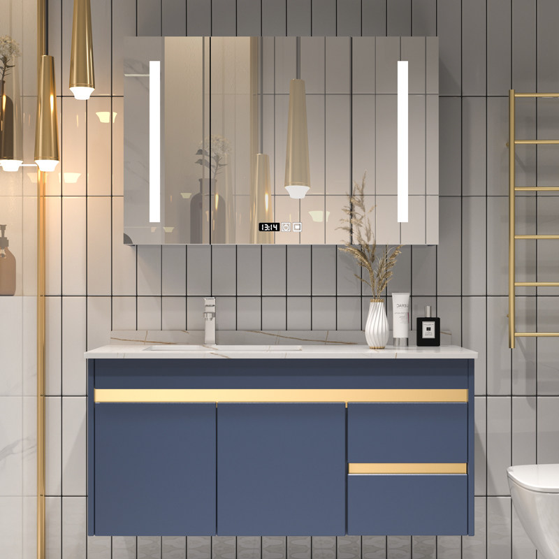 Rock slab countertop custom cut angle solid wood washbasin cabinet combination bathroom cabinet washstand washbasin smart mirror cabinet