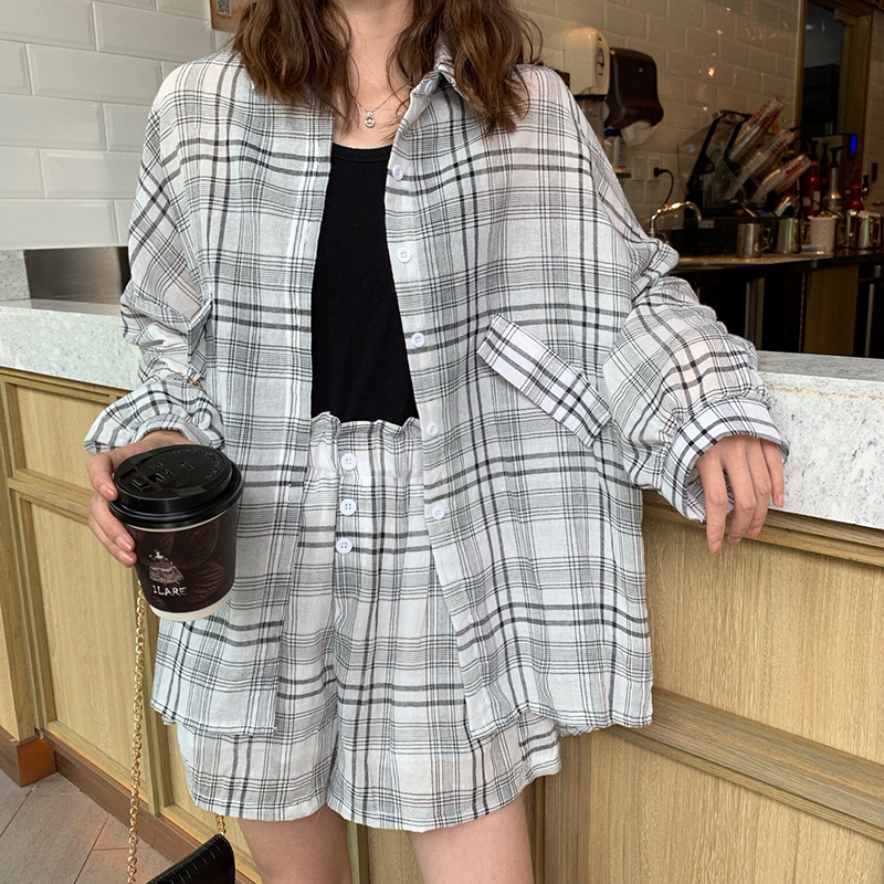 VK旗艦店 韓國風燈籠袖格紋襯衫套裝長袖褲裝