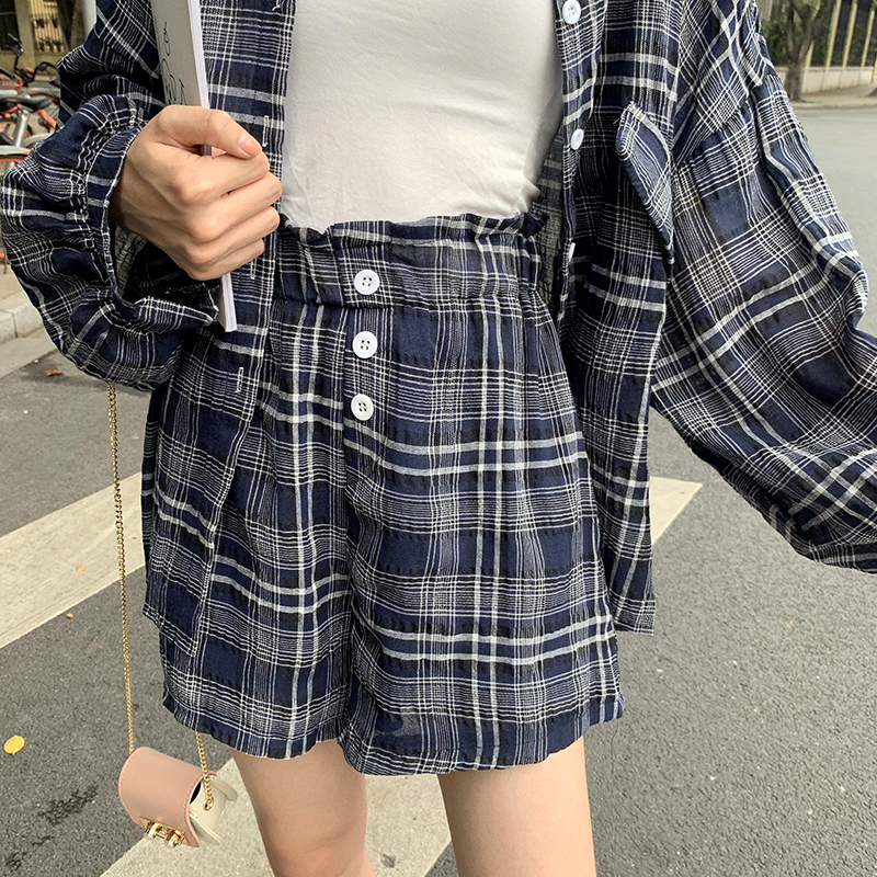 VK旗艦店 韓國風燈籠袖格紋襯衫套裝長袖褲裝