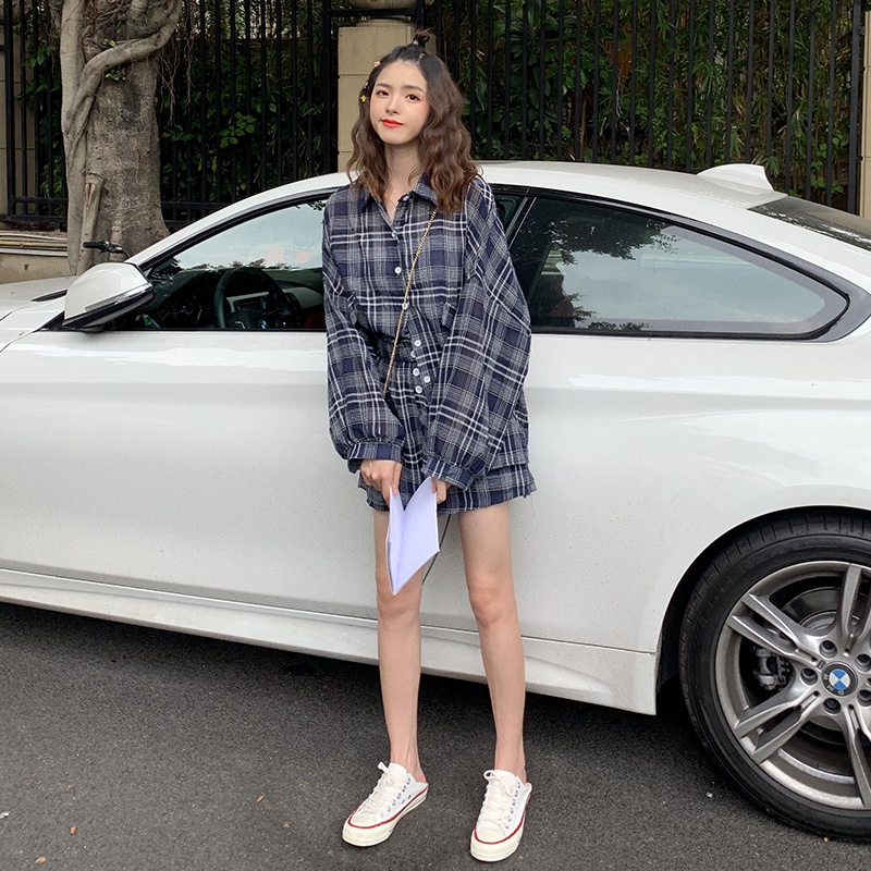 VK旗艦店 韓國風燈籠袖格紋襯衫套裝長袖褲裝