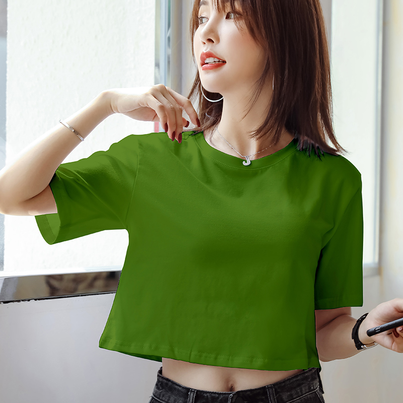 Short T-shirt women's ins half-sleeved tide careful machine avocado green loose short-sleeved cotton net red high waist crop top