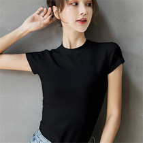 Half-height collar black t-shirt woman short sleeve spring summer workout tight fit pure cotton 2022 new Korean version blouses foreign gas ins