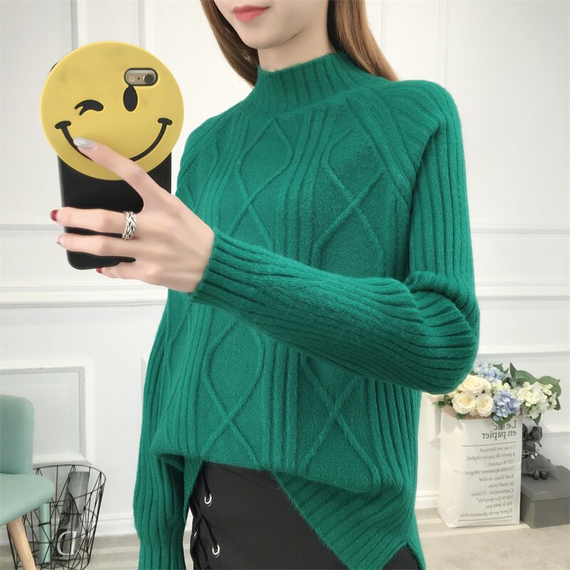 2019秋冬韩版新款女装针织衫半高领宽松加厚麻花长袖套头打底毛衣