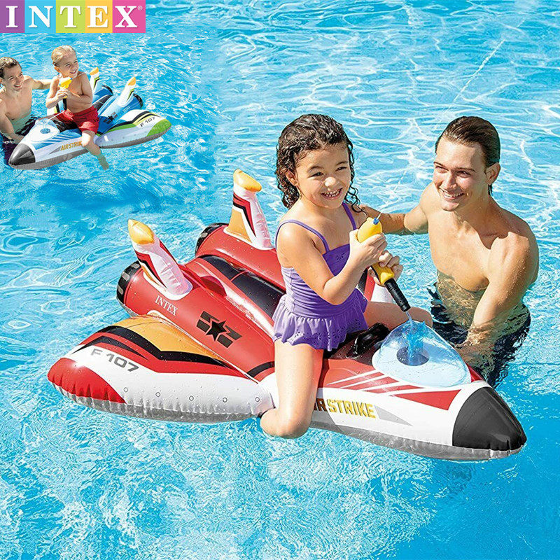 INTEX's new male and female children's water fighter spacecraft sit on a big baby inflatable water gun floating boat swimming ring