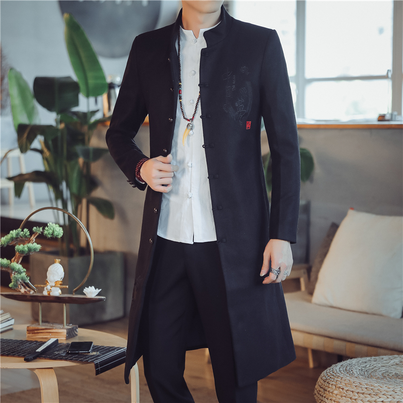 Trung Quốc áo gió mùa thu mùa đông màu retro dài phong cách Tang phong cách windcoat tóc áo khoác áo của nam giới.