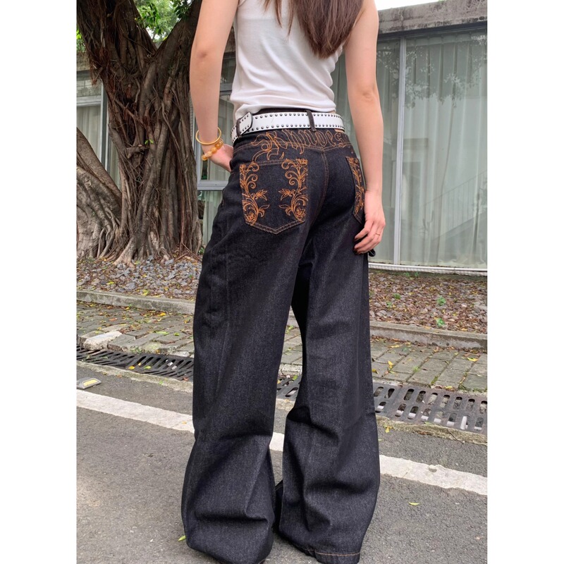 Lin Ah Bo Couple's American Retro Style Unique Design Versatile Floral Embroidery Jeans Unisex Loose Long Pants