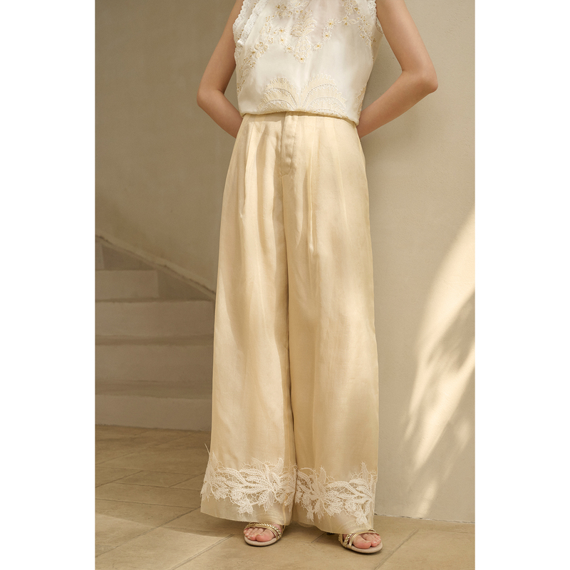Heeyeeko Floral Lace Pattern Dark Pattern 100% Silk Chiffon Lace Wide-Leg Pants New Chinese Style Heeyeeko Floral Lace Pattern Dark Pattern 100% Silk Chiffon Lace Wide-Leg Pants New Chinese Style