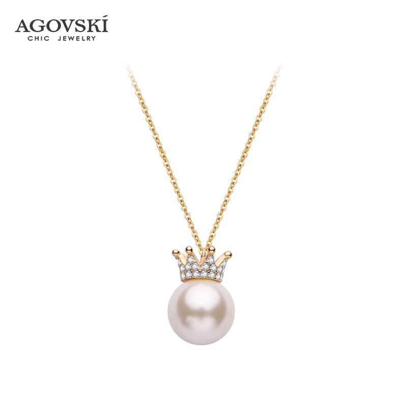 Corsge Pearl Necklace Woman Pure Silver Small Crowd Design Feel Light Lavish 100 Hitch Crown Pendant Temperament Lock Bone Chain