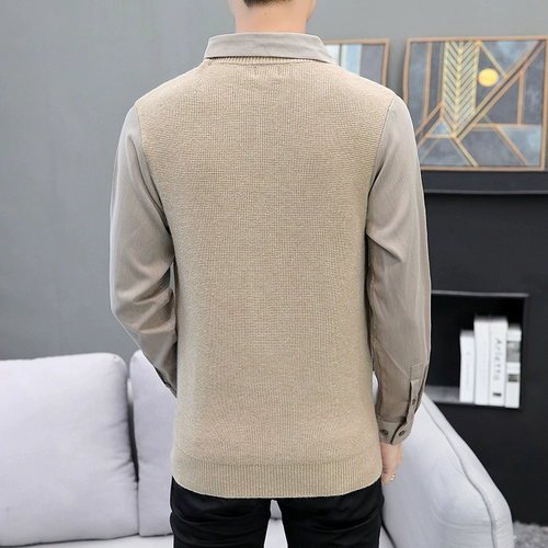 Комплект, мужской свитер для отдыха, приталенная трикотажная демисезонная утепленный лонгслив, универсальная рубашка, увеличенная толщина