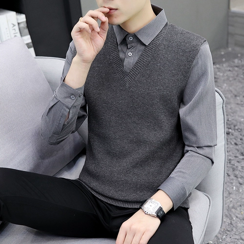 Комплект, мужской свитер для отдыха, приталенная трикотажная демисезонная утепленный лонгслив, универсальная рубашка, увеличенная толщина