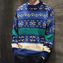 Autumn and winter round neck sweater mens loose Korean version of national style print thread clothing trend mens Tide brand sweater