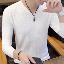 Mens thin sweater 2021 Spring and Autumn New V collar long sleeve white thread coat mens base shirt trend sweater