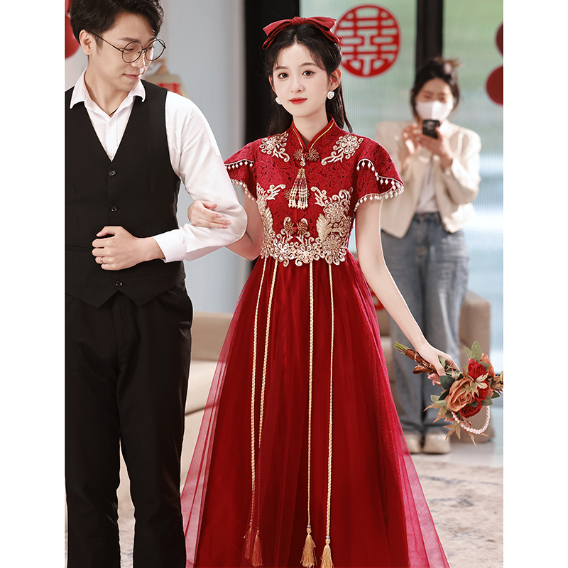 2026 New Plus-Size Cheongsam with Mesh for Engagement, Maternity, Belly-Covering, Wedding, and Homecoming Dresses for Summer
