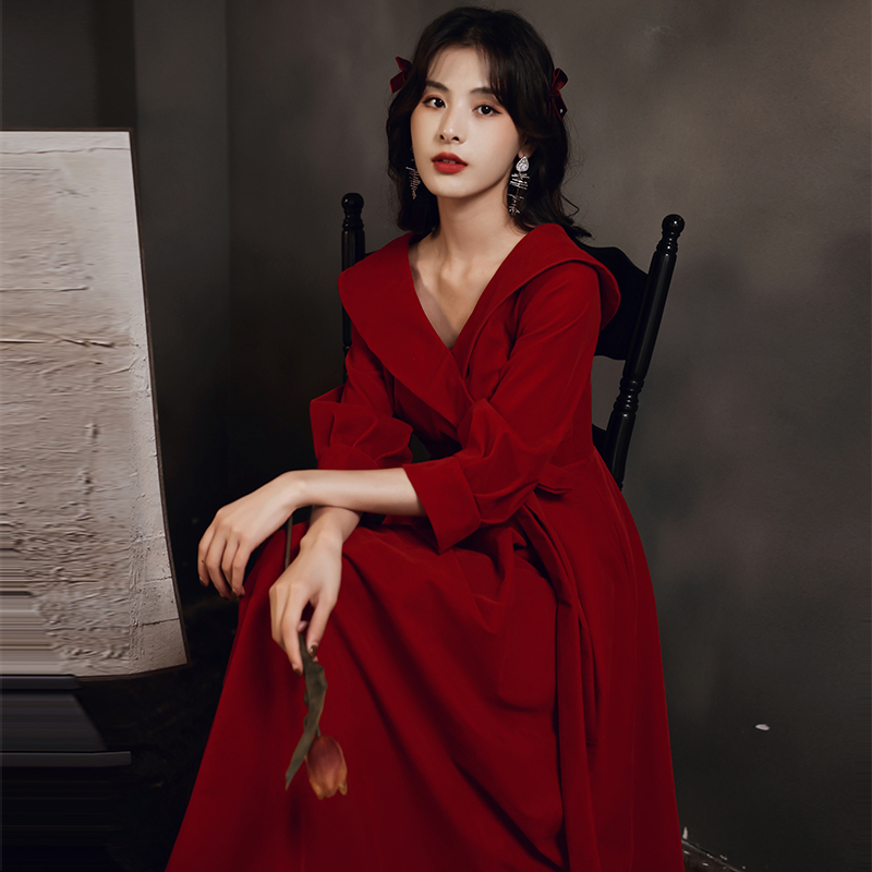 Burgundy Formal Dress for Plus-Size Women, Engagement Dress, Maternity Dress, Belly-Covering, Homecoming Banquet Long-Sleeve Dress, Women's Plus Size Burgundy Formal Dress for Plus-Size Women, Engagement Dress, Maternity Dress, Belly-Covering, Homecoming Banquet Long-Sleeve Dress, Women's Plus Size