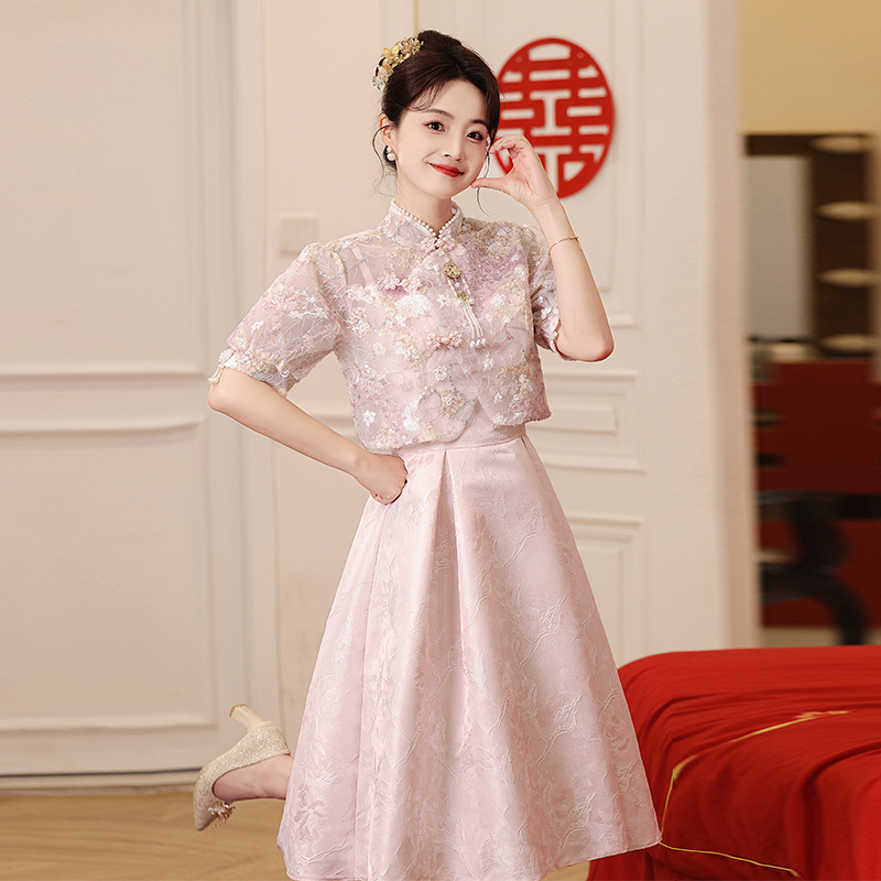 New Chinese-Style Improved Cheongsam Toast Dress for Pregnant Brides, High-Waisted, Belly-Covering, Petite, Plus-Size, Fat mm Engagement Dress