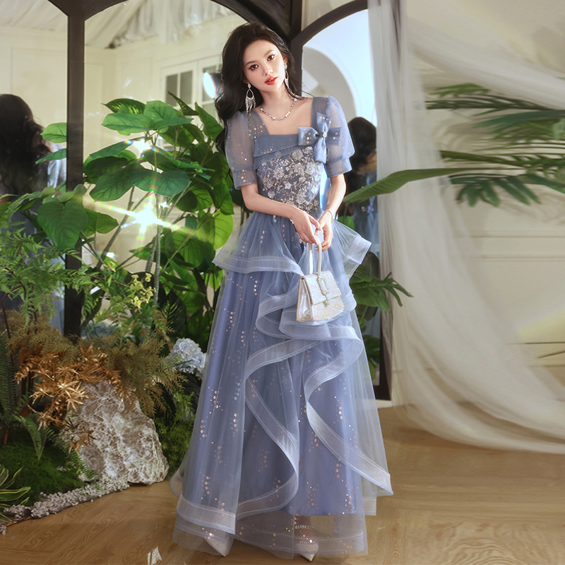 Plus-Size Blue Evening Dress for Chubby Girls, Suitable for Art Exams, Engagement, French-Style Light Luxury, Coming-Of-Age Ceremony, Hostess, Princess Dress for Women