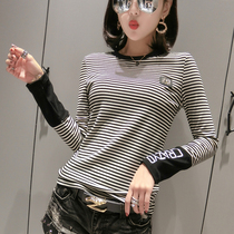 Good-looking European base shirt Women Spring and Autumn Long Sleeve Black Striped T-shirt