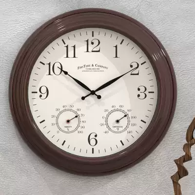 Metal temperature and humidity meter European wall clock living room clock fashion simple hanging table Sun movement silent quartz clock