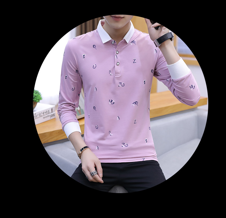 Áo thun nam tay dài mùa thu ve áo in hình áo sơ mi nam POLO nam đẹp trai t 桖 có cà vạt cổ áo quần thủy triều áo thun nam trung niên