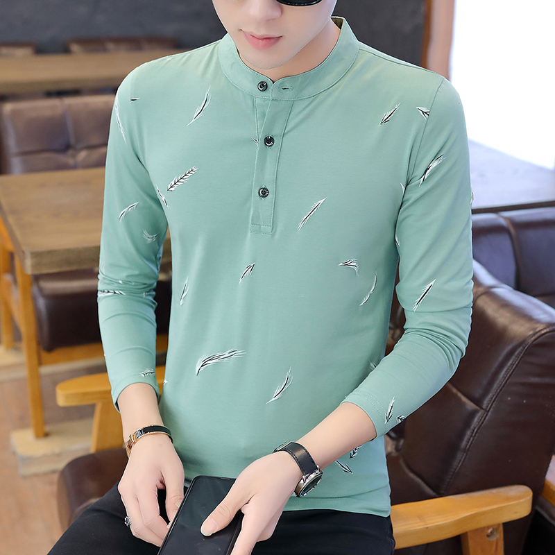 Mùa thu dài tay Áo sơ-mi nam cổ 2019 mới xu hướng cắt nam cotton T-shirt đáy xuống quần áo