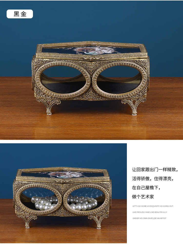 Creative ceramic inlaid copper receive a case antique jewelry box cover desktop dresser jewelry box decoration ou