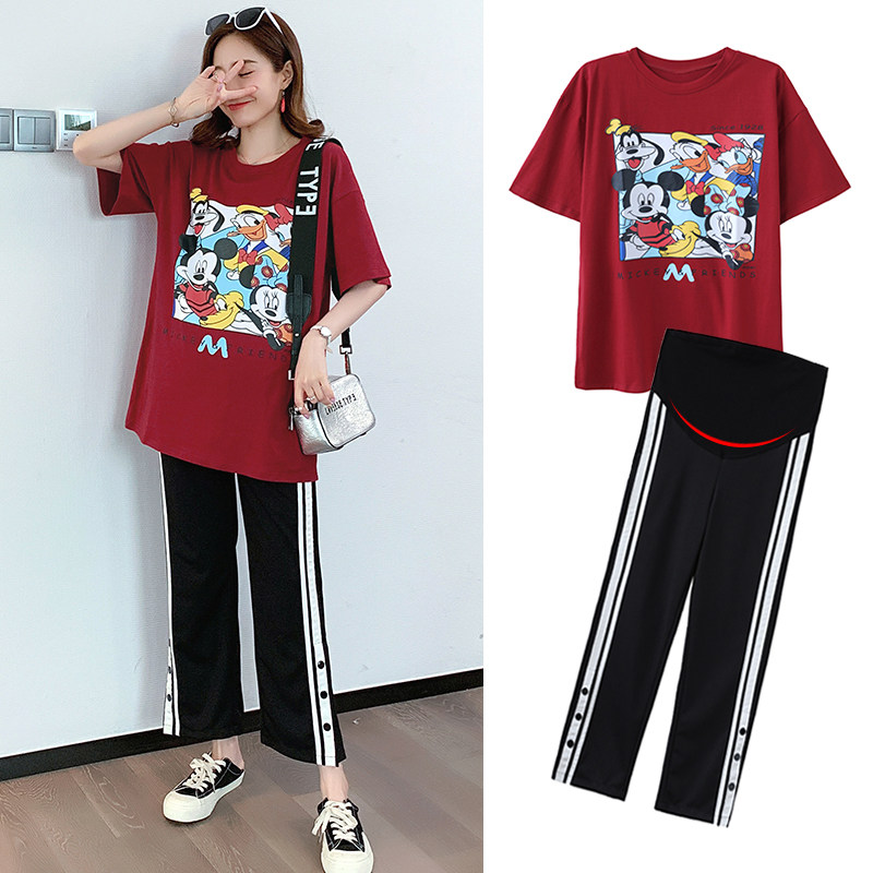 Pregnant Woman Suit Summer Clothing Out of T-shirt Loose Jacket Fashion style 90% wide-legged pants Summer slim fit two sets of damp