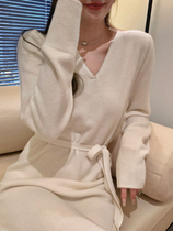 DAJO’S Gold Inlaid Neckline Soft V-Neck Full Wool Knit Dress at First Look