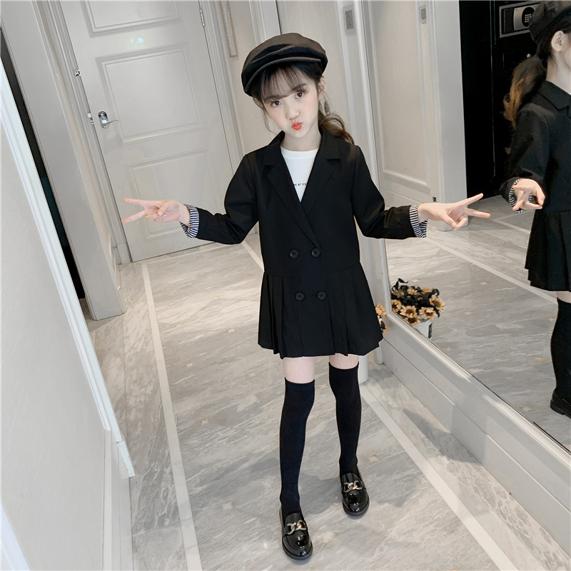 Girl Suit Jacket Foreign Pie Spring Autumn girl Western suit medium long version 100 plexen dress Inn walk show dress dress
