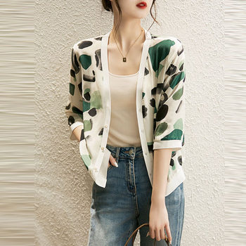 Foreign trade original single export women's clothing big brand tail single high-end fashion V-neck cardigan printing mulberry silk jacket top women