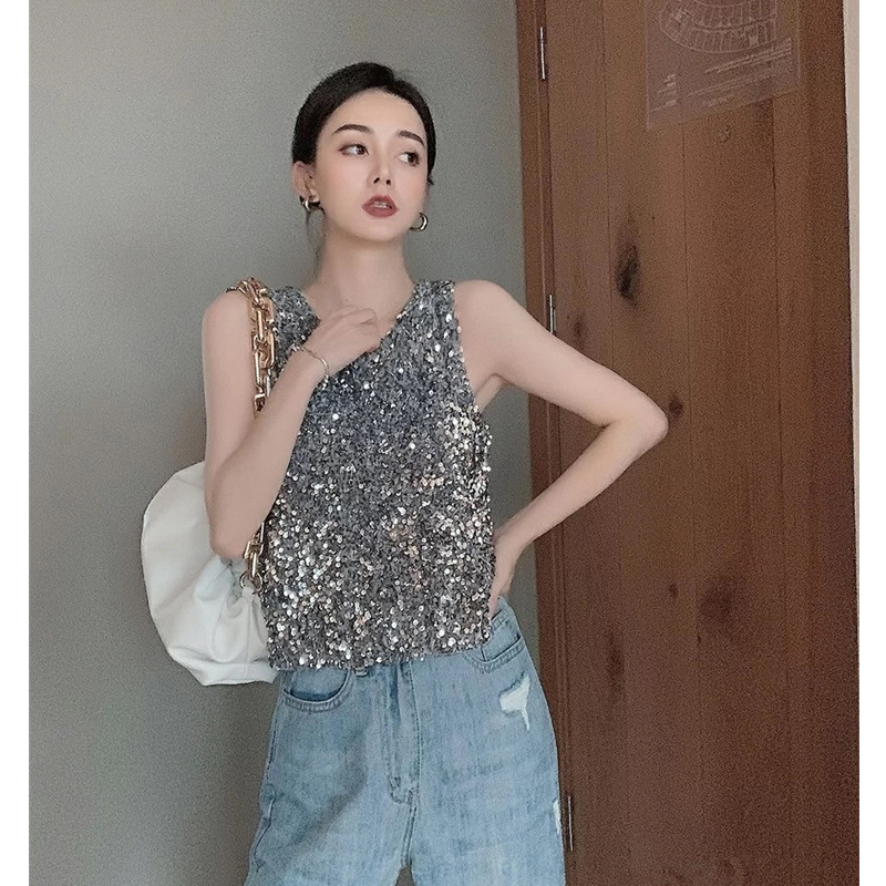 Sequin Short-Sleeve T-Shirt for Women, 2026 Spring New Korean Style, Loose Fit, Slimming, Full-Body Sparkling Bling Tank Top, Trendy