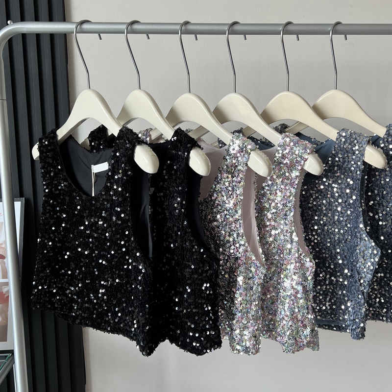 Sequin Vest T-Shirt for Women 2026 Spring New Korean Style Loose Slimming Shiny Bling Round Neck Short Top Trendy