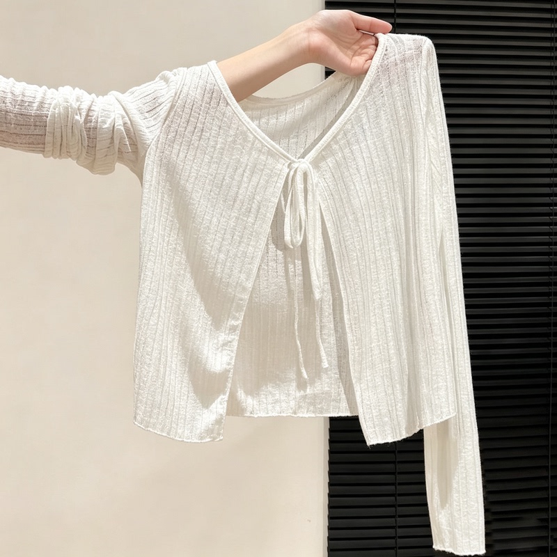 White Thin Lace-Up Knitted Sun Protection Cardigan for Women 2026 Summer Slightly Sheer Loose Shawl Small Jacket Outerwear Top