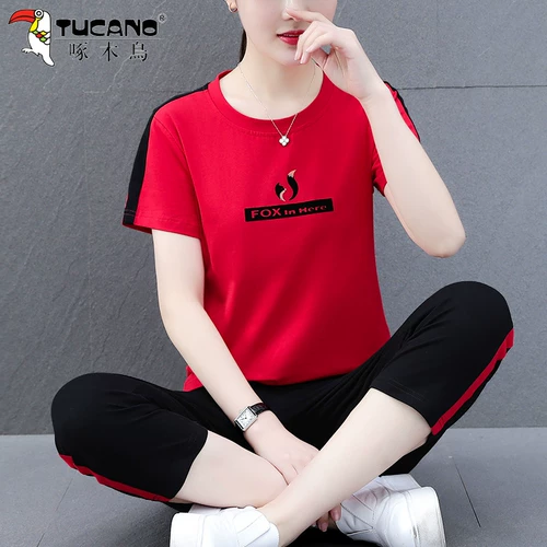 Форма для матери для отдыха, спортивный костюм, хлопковая летняя одежда, штаны, комплект, 2023, короткий рукав, 40 лет